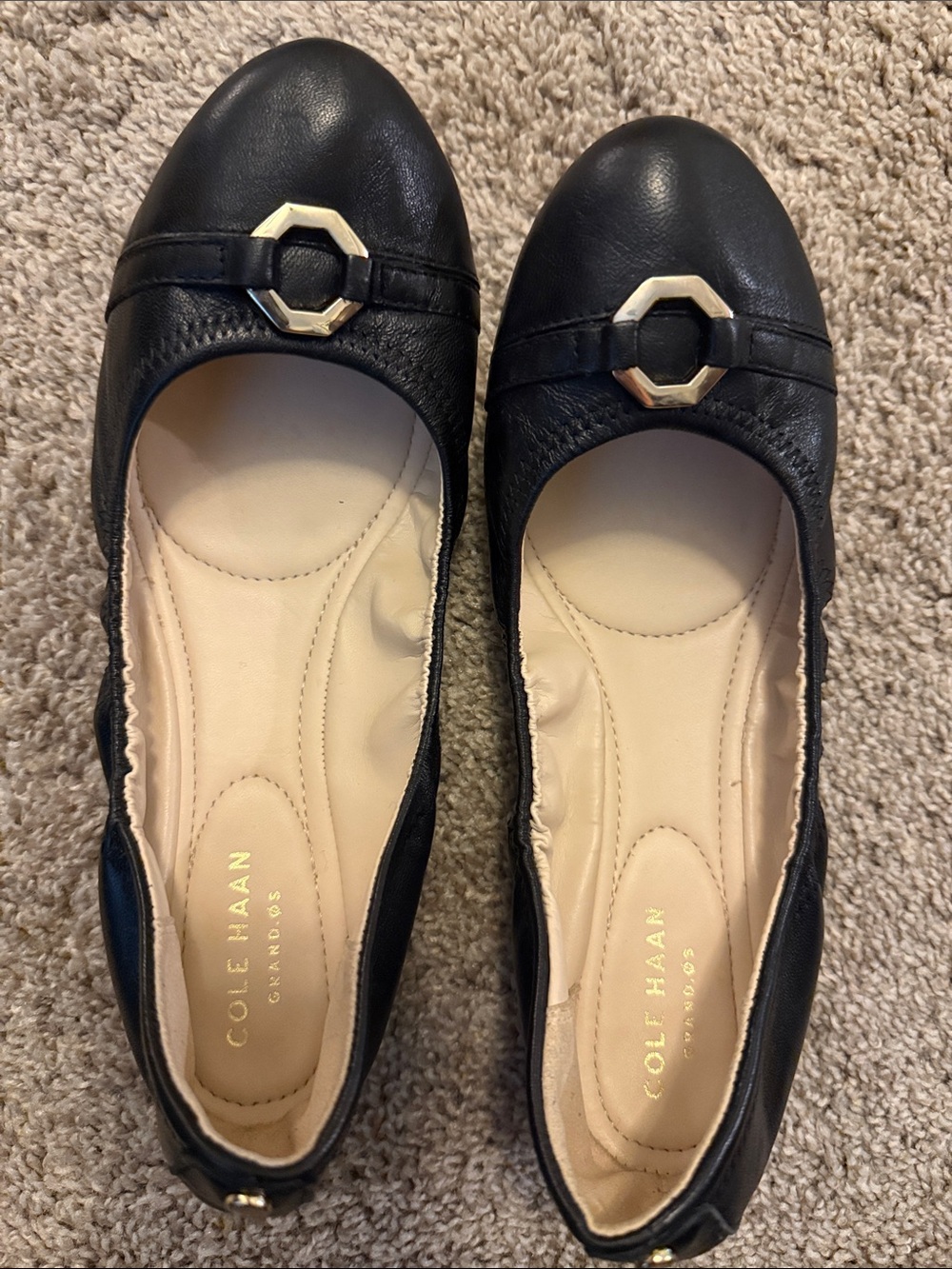 Cole Haan Black Leather Ballet Flats with Hexagon Gold Accent